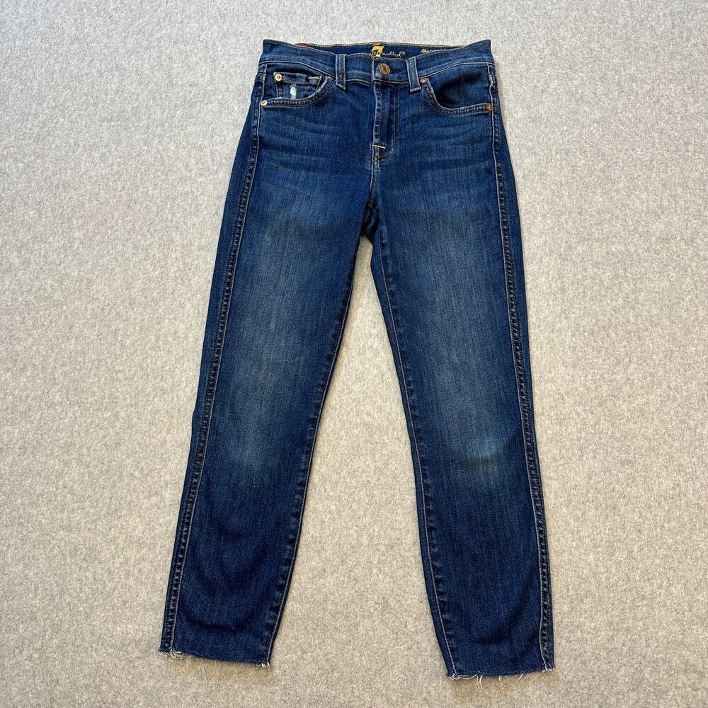 7 For All Mankind Jeans WMNS 23 Ankle Skinny Fit Raw Hem Dark Wash Blue Cropped